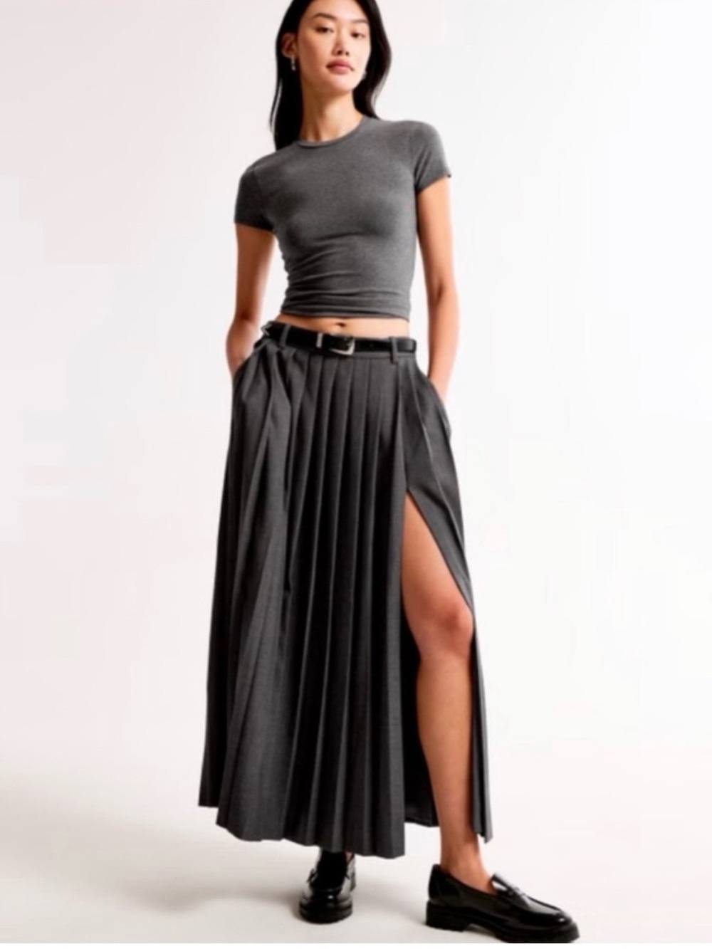 Abercrombie & Fitch Pleated Maxi Skirt with Side Slit - Charcoal Gray